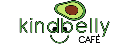 Avocado over green letters saying kind belly cafe