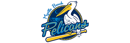White pelican and blue lettering Myrtle Beach around blue circle with baseball bat